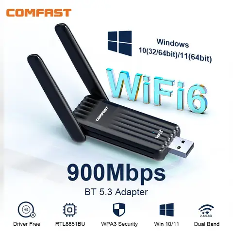 COMFAST 900Mbps WiFi 6 BT 5.3 USB Adapter Dual Band 2.4/5G RTL8851BU Wireless Free Drive Network Card For Laptop PC Win 10/11