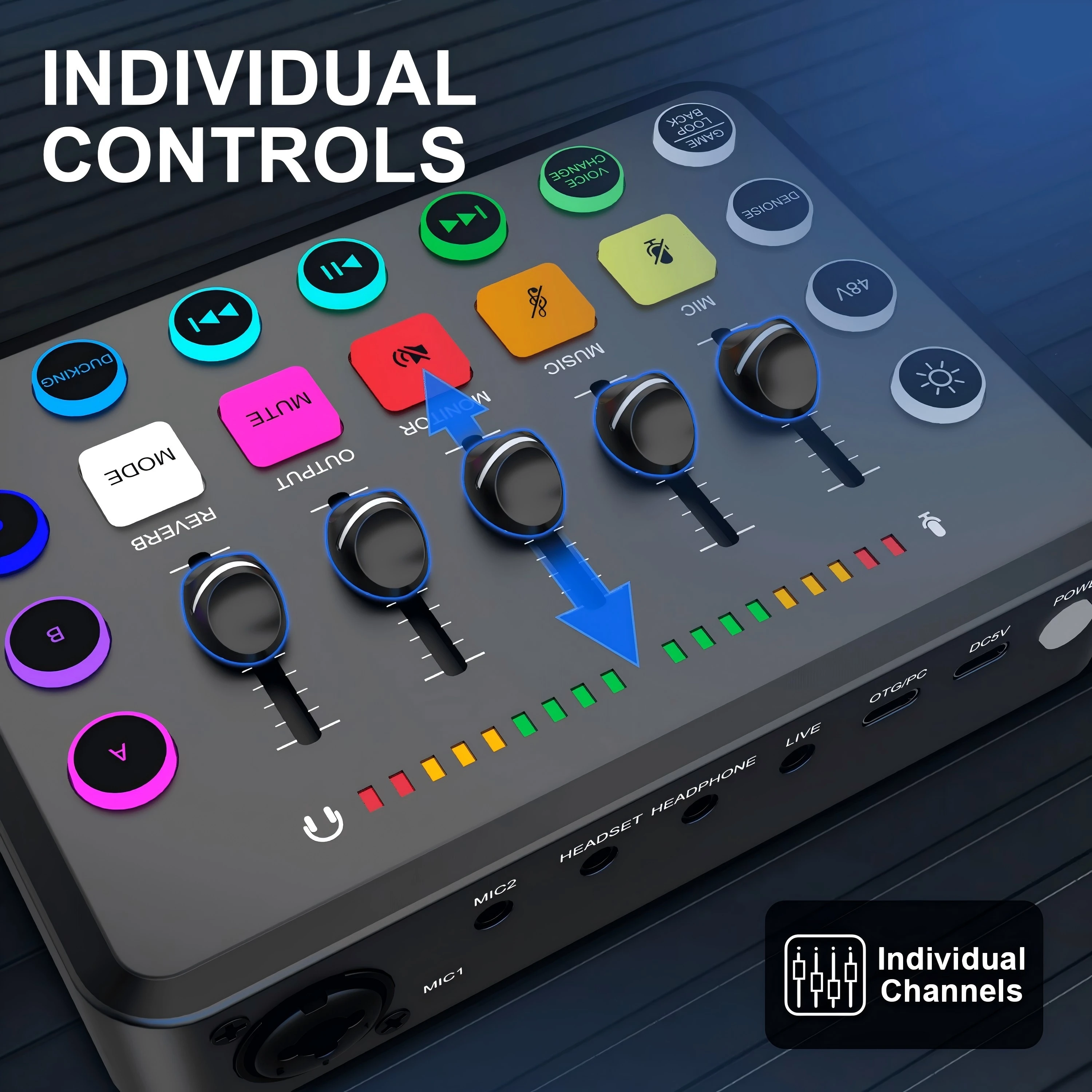 Mixer de áudio para jogos, mixer de pc rgb com interface de microfone xlr, fader de volume de controle individual/botão mudo/phanto 48v