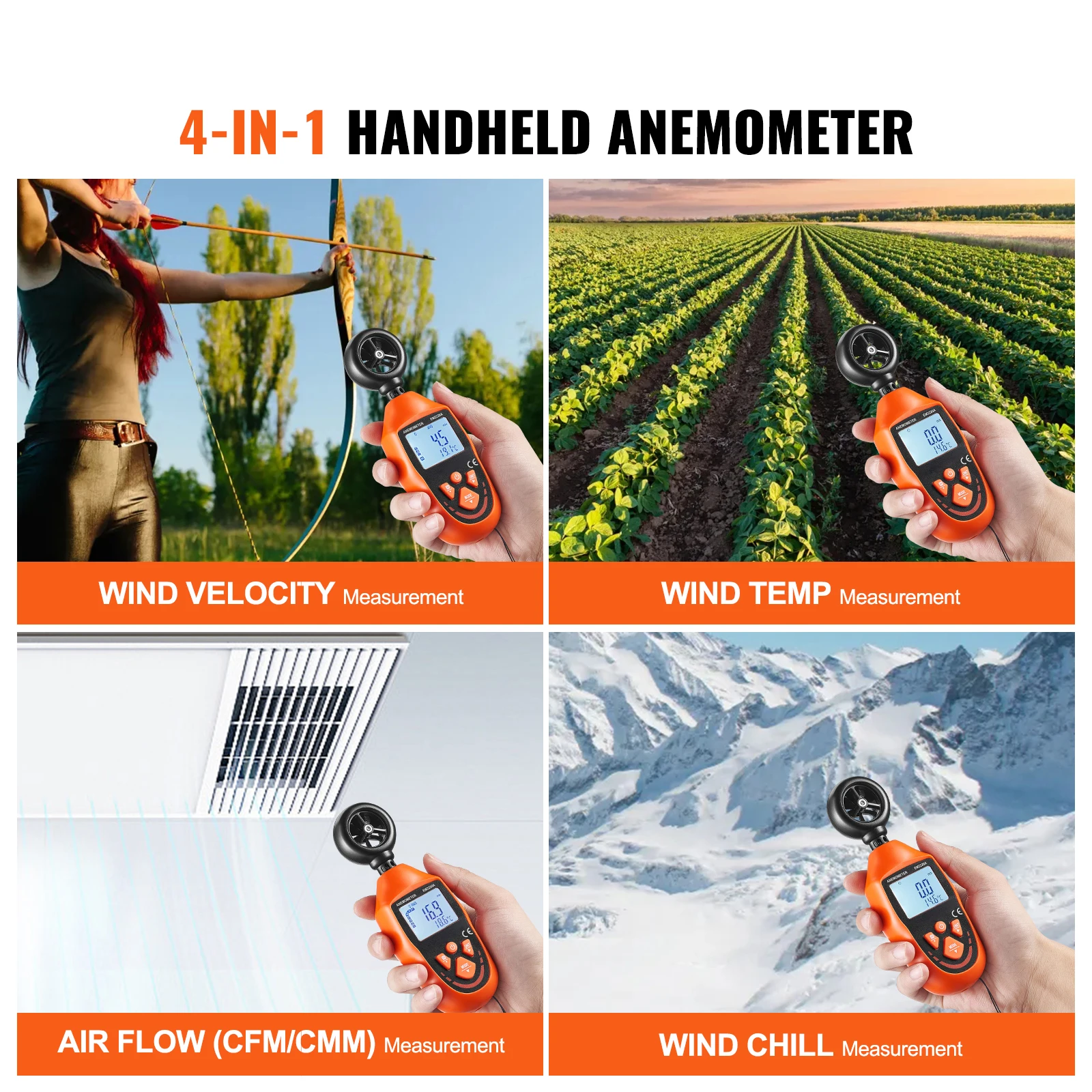 VEVOR Handheld Anemometer -10℃ to 45℃ Digital Wind Speed Meter Gauge with LED Backlight Screen for Measures Wind Velocity Use