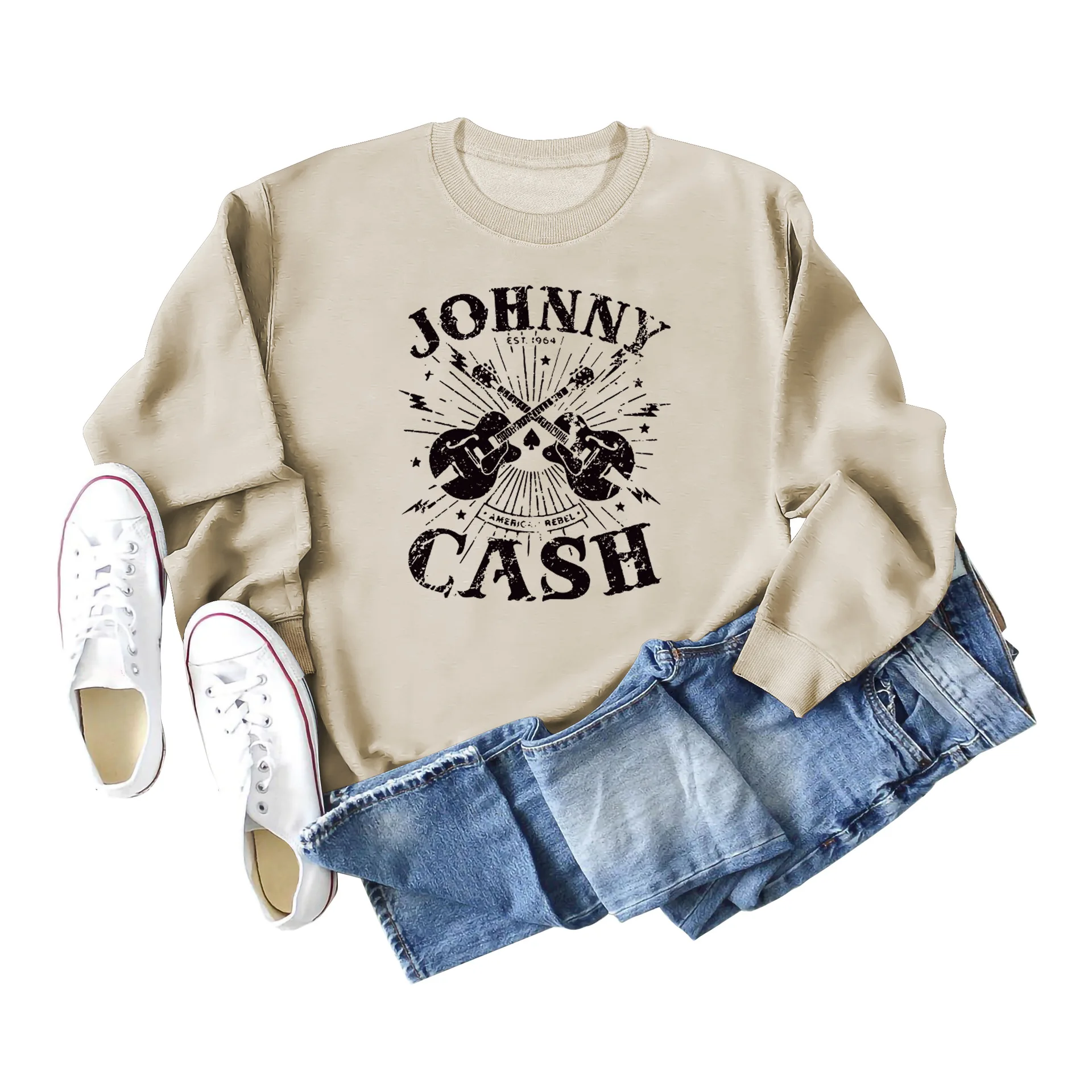 Women\'s Long-sleeved JOHNNY CASH Guitar Sweatshirt Aesthetic Hoodies Women Streetwear Women