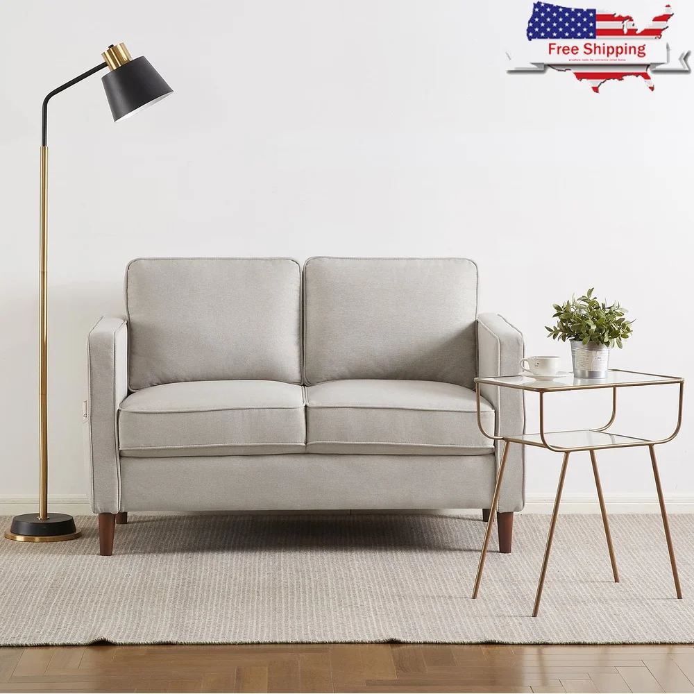 

Modern Fabric Loveseat with Armrest Storage Pockets Eucalyptus Wood Frame Tool-Free Assembly Indoor Seating Small Spaces