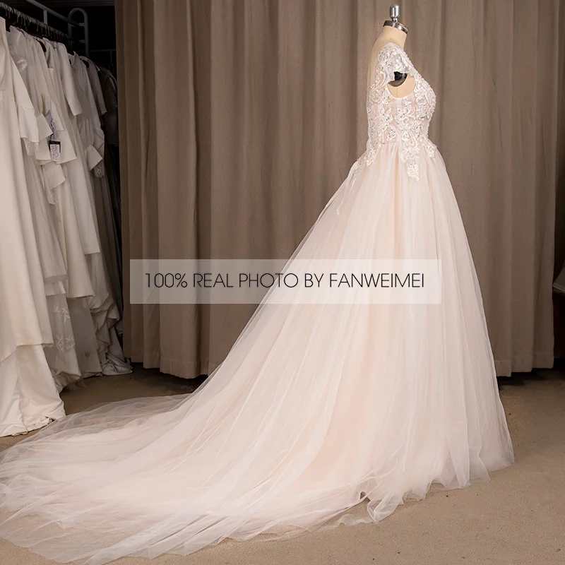 Vestido de novia coreano con cuello redondo, blanco, champán y marfil, línea A, encaje, Espalda descubierta, 7731