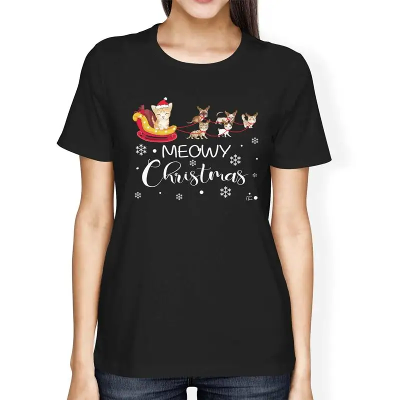 

1T T Shirt Womens Loose Fit Meowy Christmas With Cute Cats