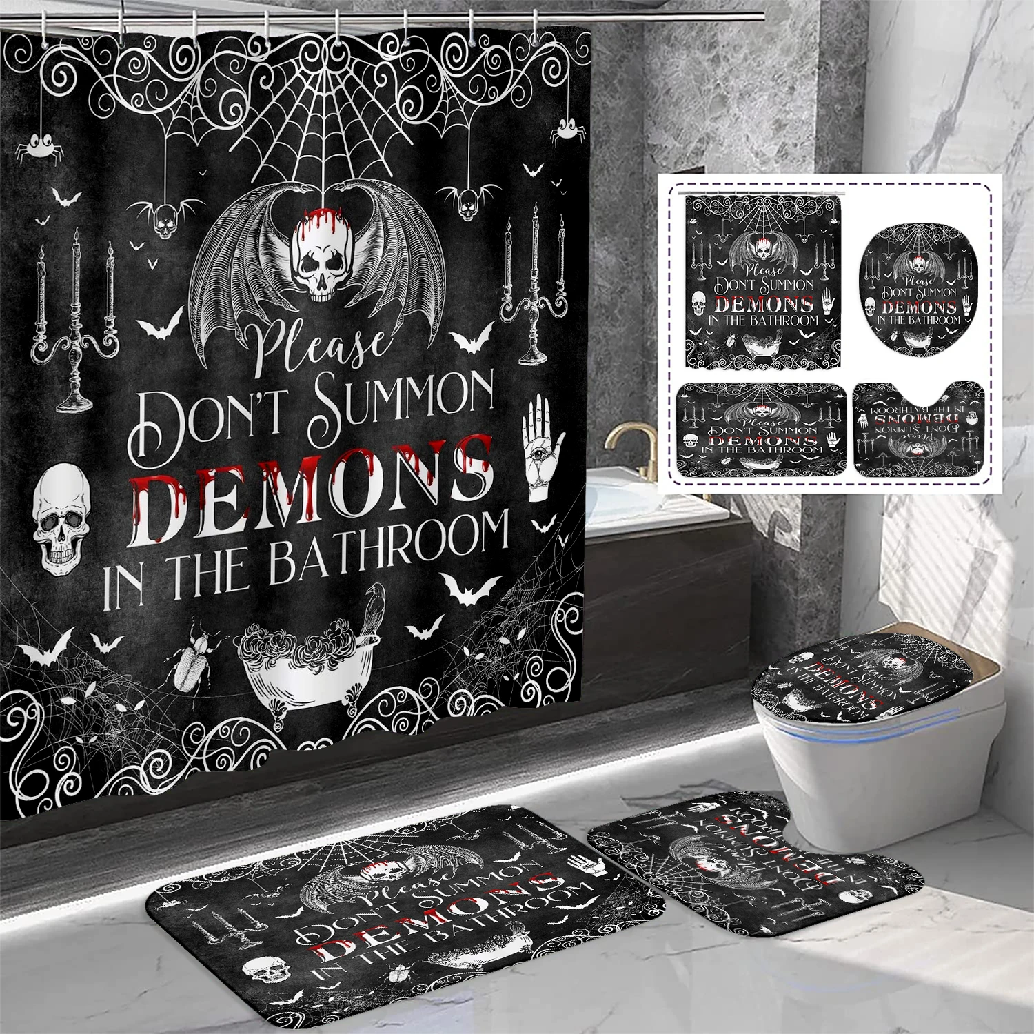 

Готический набор для ванной комнаты из 4 предметов — занавеска для душа «без демон, чехол для унитаза и коврики, дизайн черепа/лету, водонепроницаемый декор на Хэллоуин