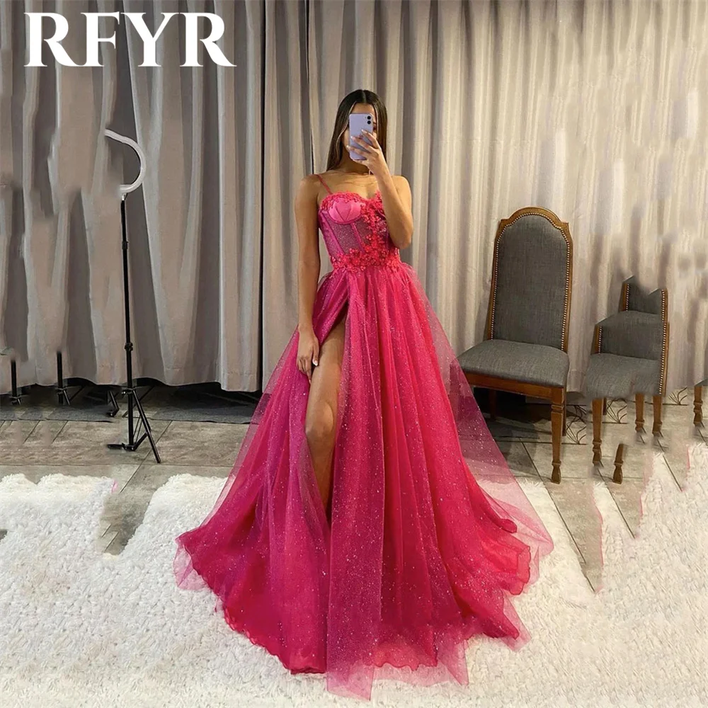 

RFYR Hot Pink Net Prom Dress Exquisite Appliques A Line Party Dress Spaghetti Strap فساتين مناسبة رسمية Side Split Formal Dress