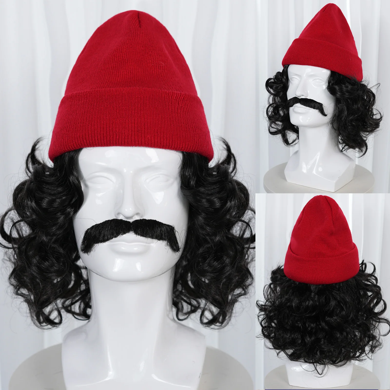 Synthetic black curly hair role play wig, paired with a red knitted hat and simulated beard, for Christmas theme parties