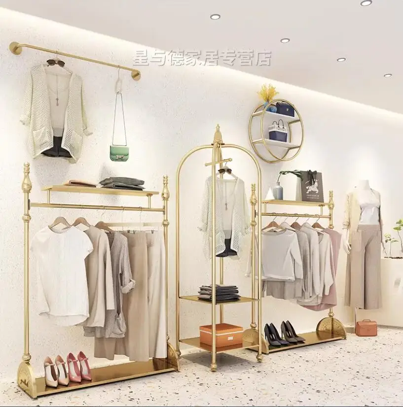 Clothing store display rack, floor standing display rack, hanging clothes rack, golden European style clothes rack