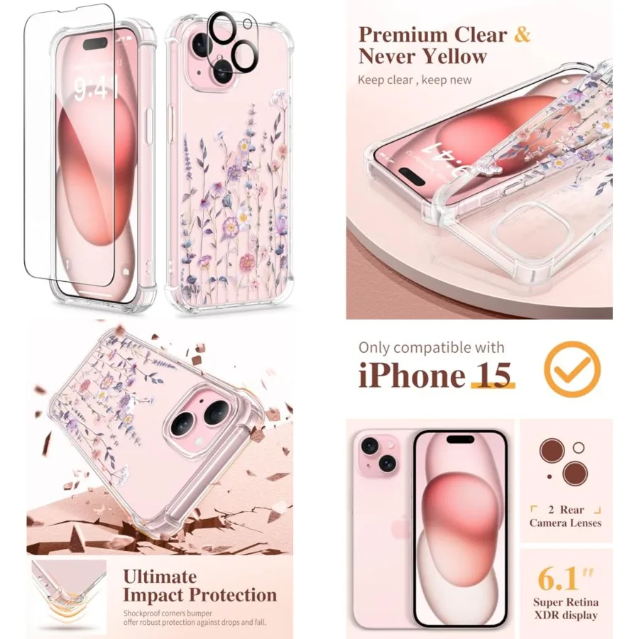 

Case Floral, with Screen ProtectorCamera Lens Protector, [Non Yellowing] Soft Shockproof Clear Phone Protective Cover for Women