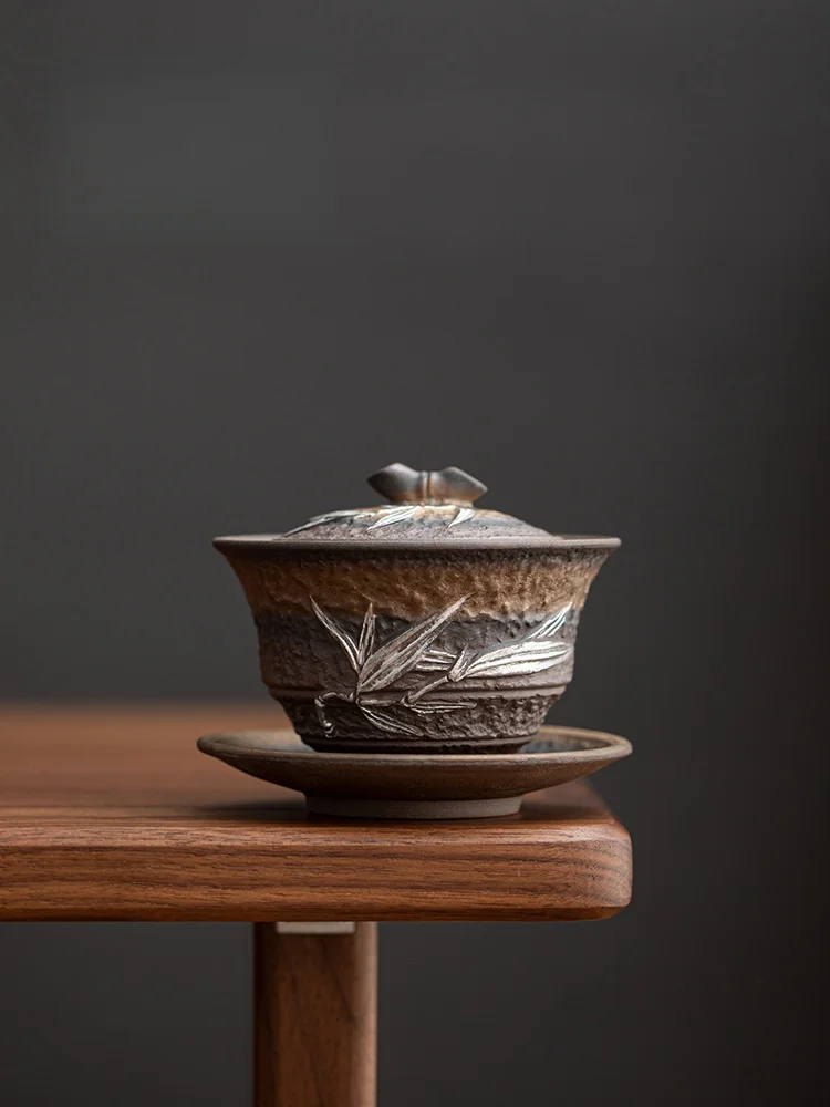 Cuenco de té Gai Wan de cerámica gruesa de bambú esmaltado de hierro dorado de 160ml, tetera de barro de roca antigua hecha a mano, ceremonia del té Retro KungFu