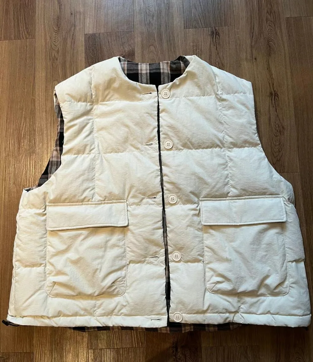 

Autumn Winter Grid Splicing O Neck Down Vest Women White Duck Down Sleeveless Vest Female Single Breasted Warm Waistcoat Outwear