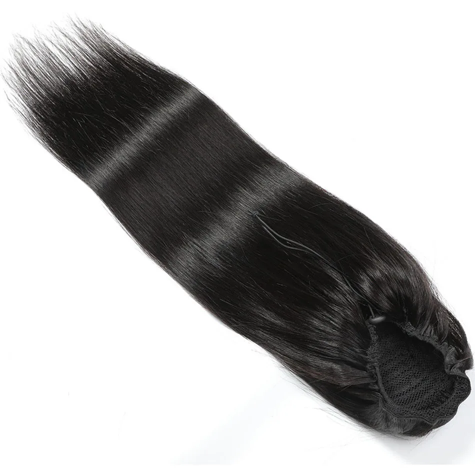 Women's Drawstring Ponytail Human Hair Long Straight Ponytail Wrap Around Brazilian Remy Hair Extensions Clip in Natural Black