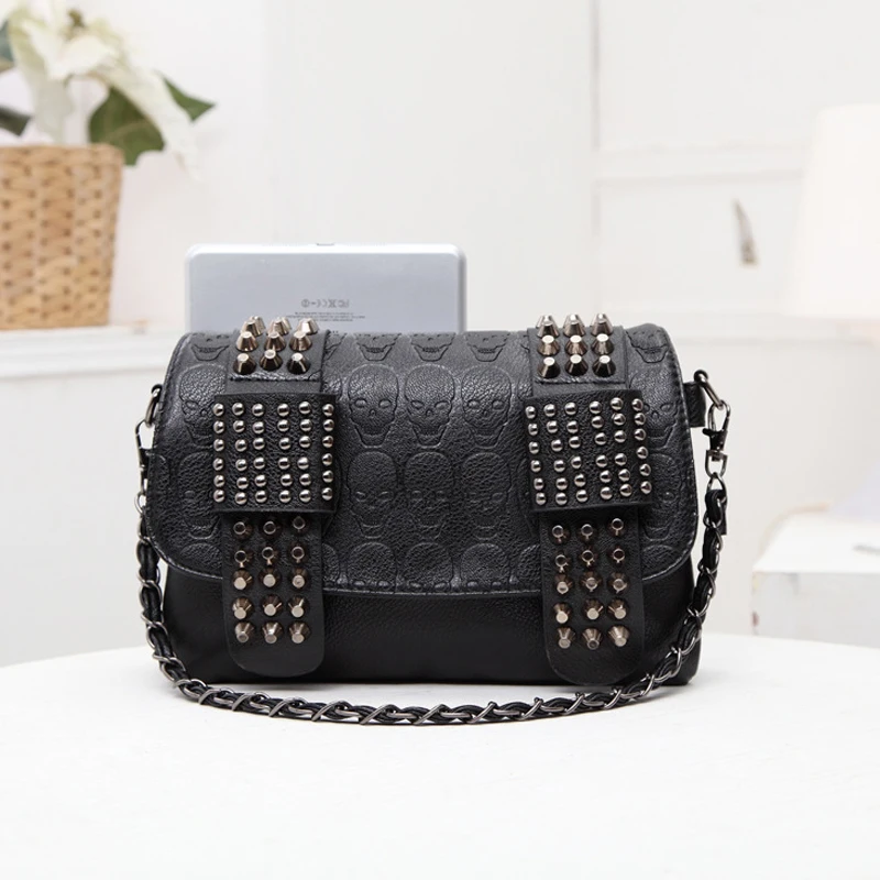 

SHELKSBAG Retro Style Women's Shoulder Bags Black Fashion Skull Crossbody Bag Purse Punk Gothic Rivets PU Leather Handbag