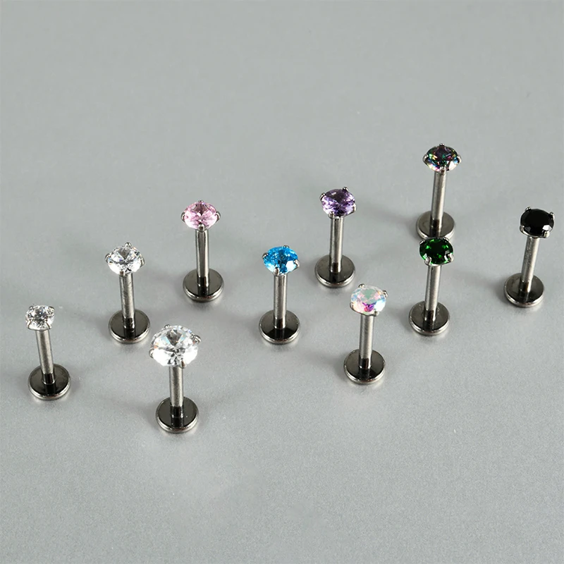 10Pcs G23 Titanium Piercing Labret Lip Stud Internally Threaded Zircon Ear Stud Helix Cartilage Tragus Body Jewelry Wholesale