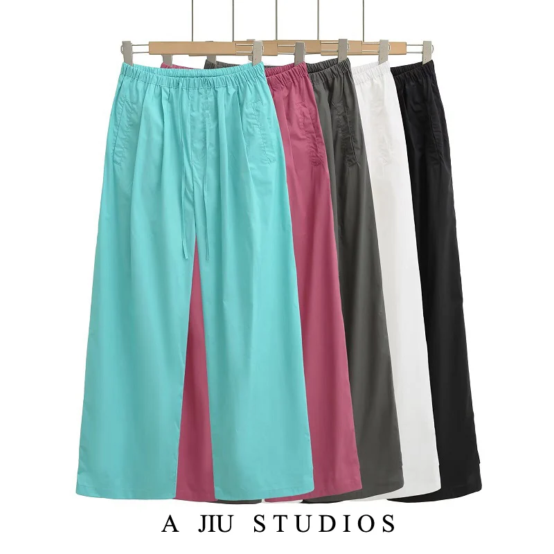 เอวสูงขากว้างบางกางเกงลำลองผ้าฝ้ายนุ่มผู้หญิงหลวมกระชับสัดส่วนฤดูร้อนสตรีทสเลกางเกง