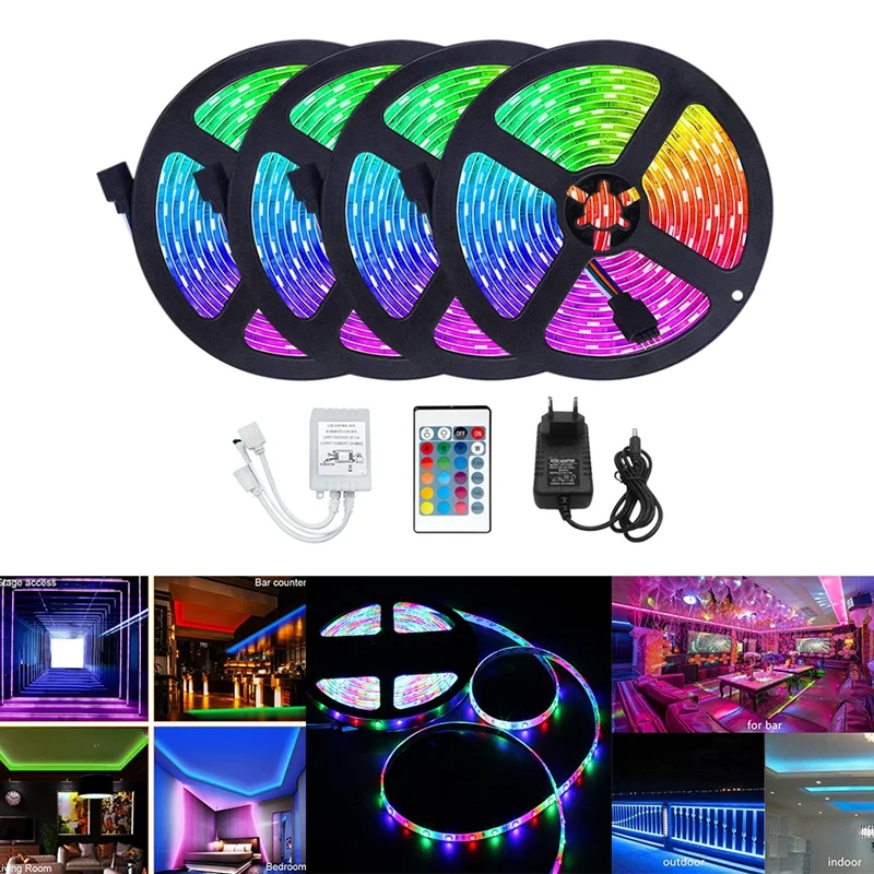 LED Strips Lights 20M 3528 RGB Flexible Waterproof Tape With 24 Key Remote Control+Adapter For Bedroom Party