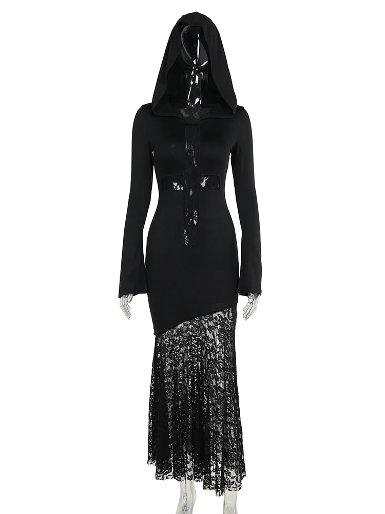ONE TO WAN Goth Dark Elegant Damen Kapuzenkleid Mall Gothic Kreuz Ausgeschnittene Spitze Gespleißtes Party Acubi Sexy Bodycon Kleider Slim – Detail 22