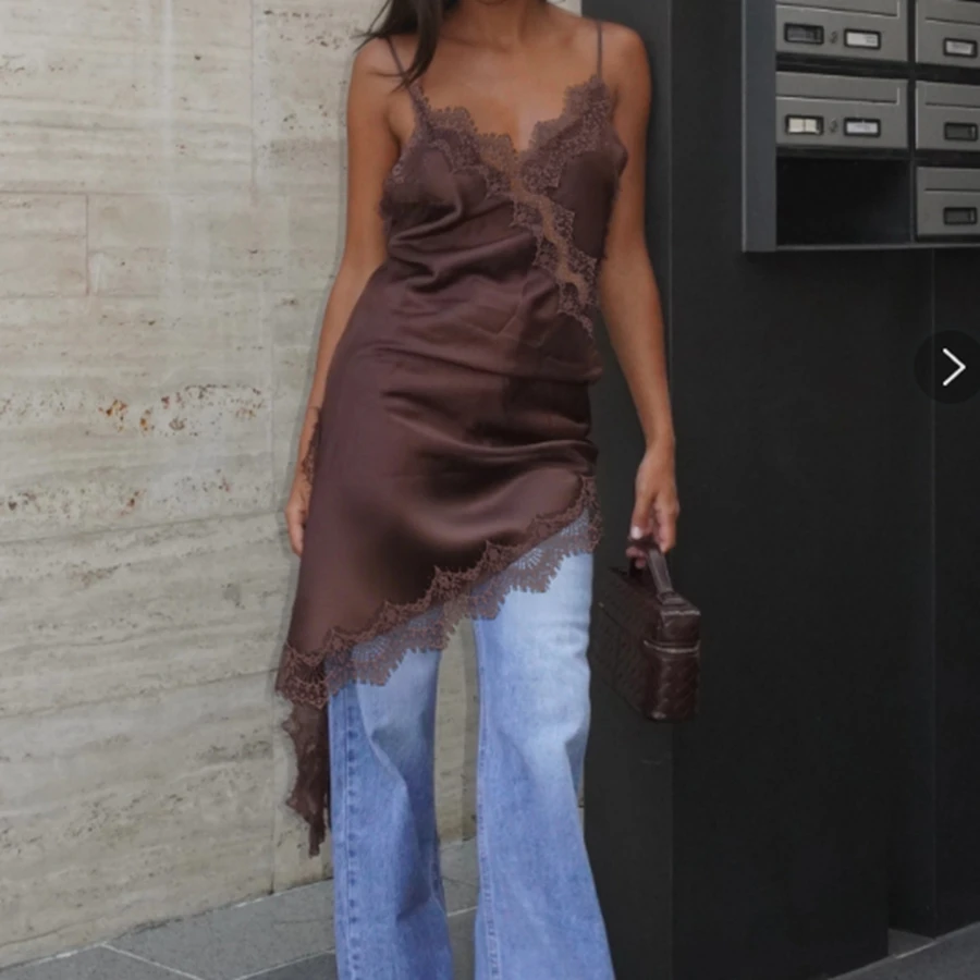 Deep Burgundy Asymmetrical Slip Dress for Women Sleeveless Spaghetti Strap Dress Lace Accents Casual Party Going Out Dress