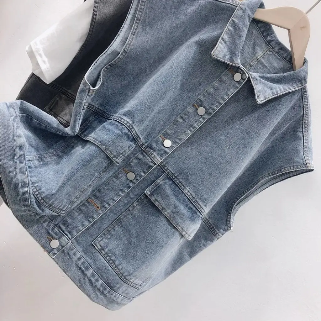 

Women's Vintage Washed BF Style Sleeveless Waistcoat Denim Outwear Loose All-match Japanese Couple Jacket