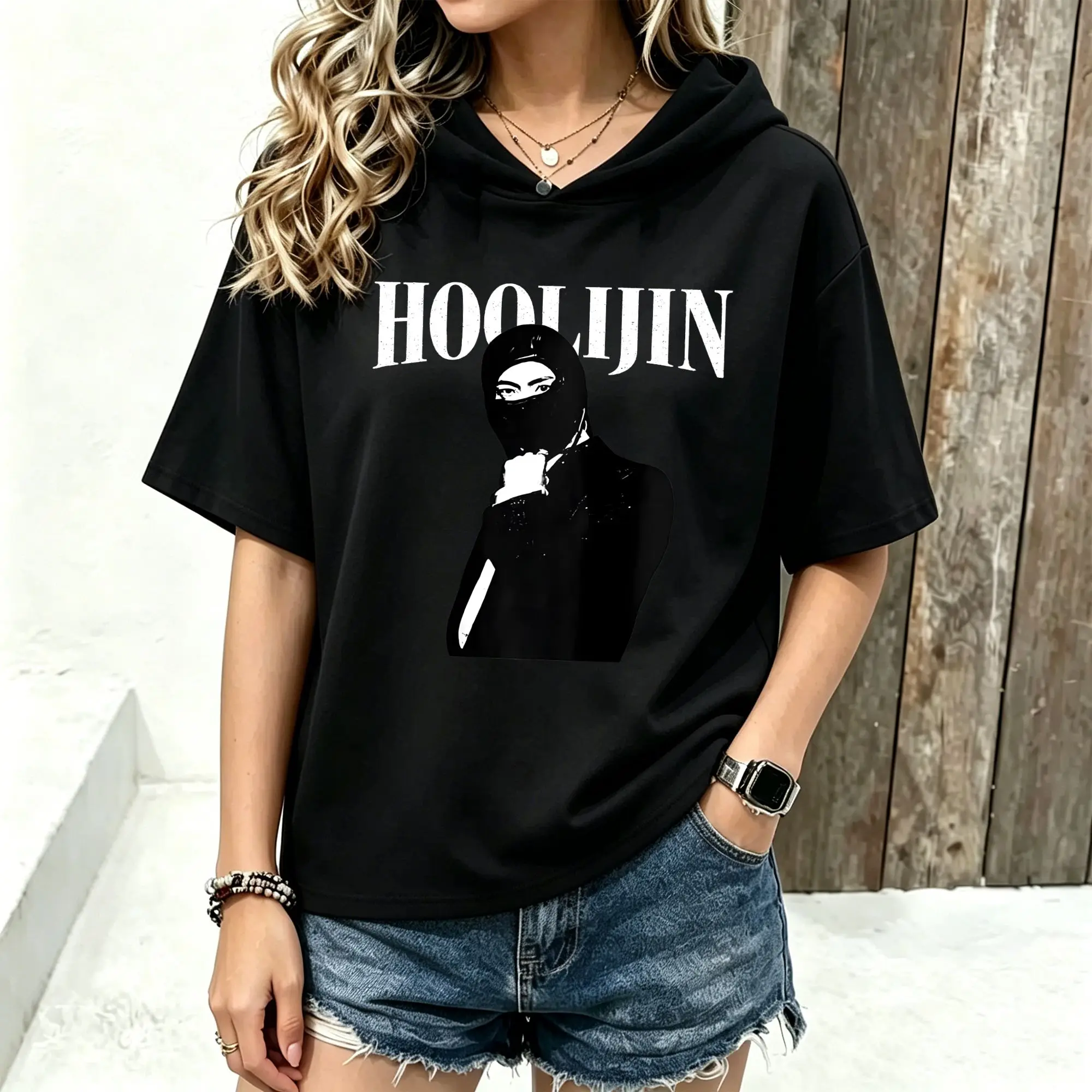 Women Short Sleeve Hooded T‑Shirt Hoolijin Balaclava Man Portrait Graphic Print Spring Summer Loose Hoodie Tee Streetwear Casual Short Sleeve Hood Tops