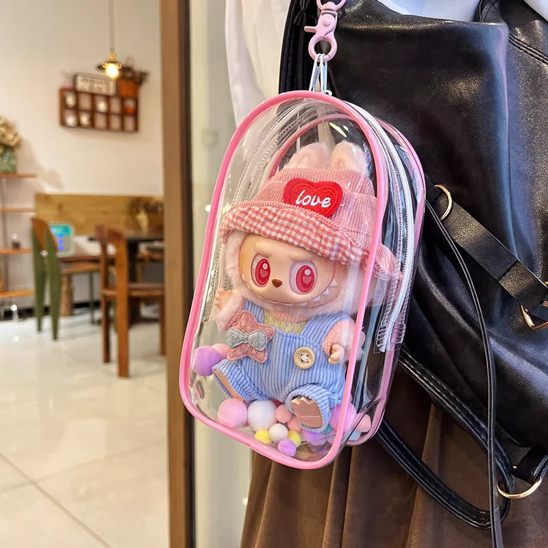 Colorful Transparent Labubu Protector Case Organizer Box for 17cm Labubu Plush Dolls Outdoor Display Bag With Keychain