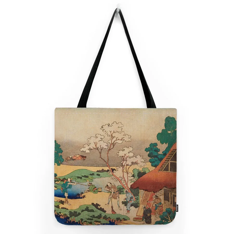 Japanese Wood Carvings Great Waves Hiroshige Mount Fuji View Oil Painting Water Resistant Canvas Handbag Large Linen Tote Bag