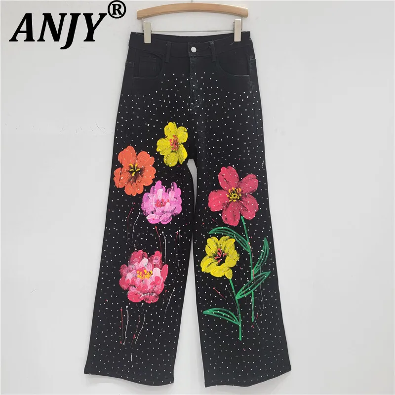 

ANJY Autumn New Women Tide Chic Jeans Heavy Craft Studded Diamonds Flower Elegant High Street Stylish Denim Wide Leg Pants A9651