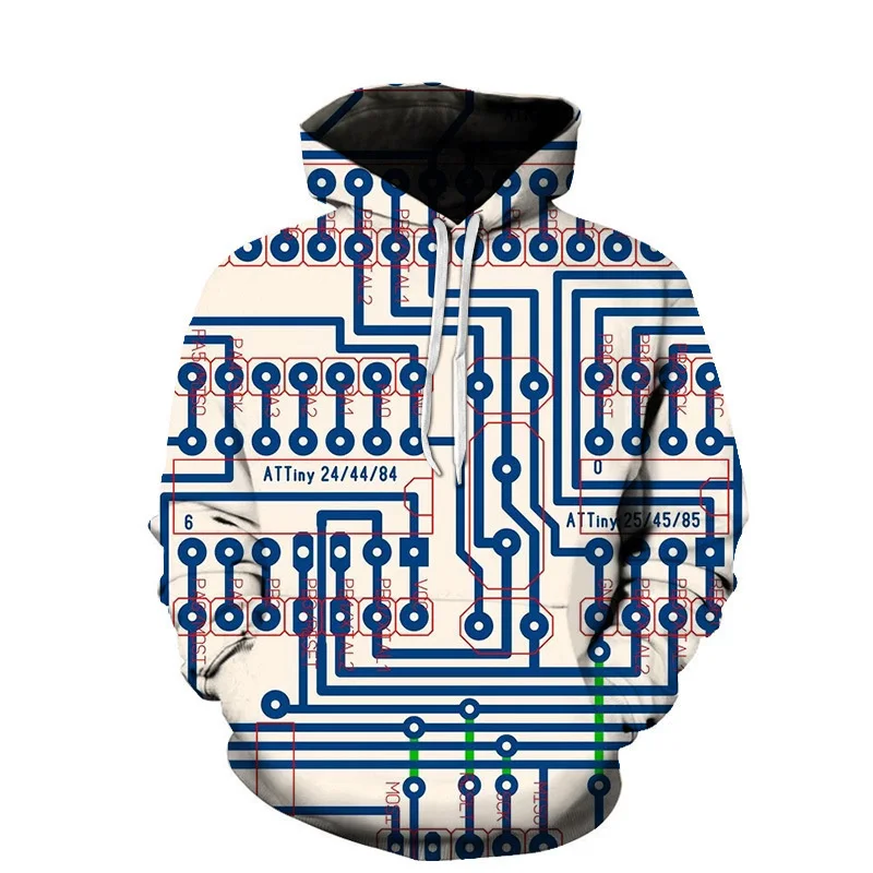 Electronic Chips Pattern Hoodie For Men Circuit Board 3D Print Long Sleeve Autumn Casual Pullover Tops Hoodies Loose Sweatshirt