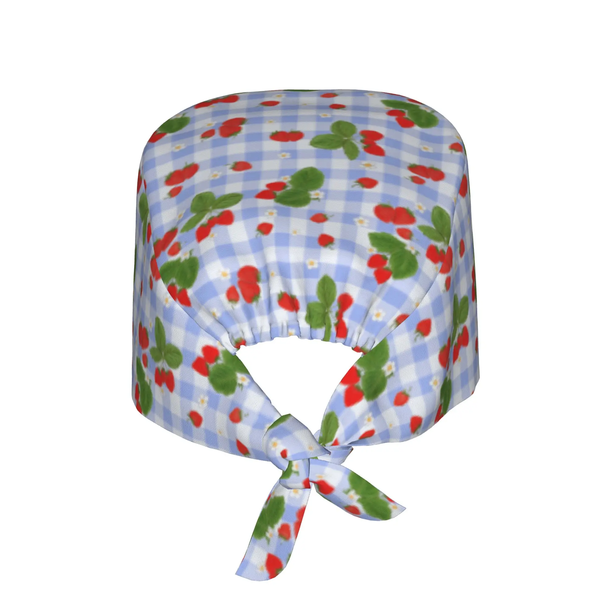 Strawberries on Light Blue Check Breathable Nursing Work Cap Surgical Scrub Caps Nurse Medical Cap Work Scrubs Hat for Hospital