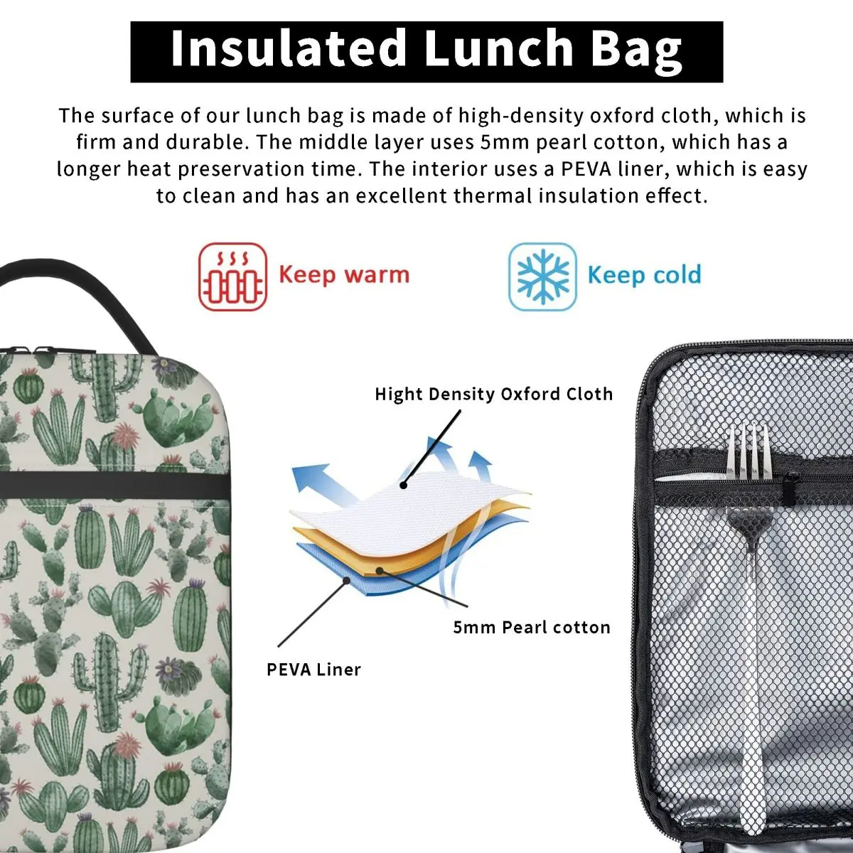 Cute Desert Cactus Columnar Pattern Insulated Lunch Bag for Women Children Portable Food Boxes Thermal Lunch Box Tote