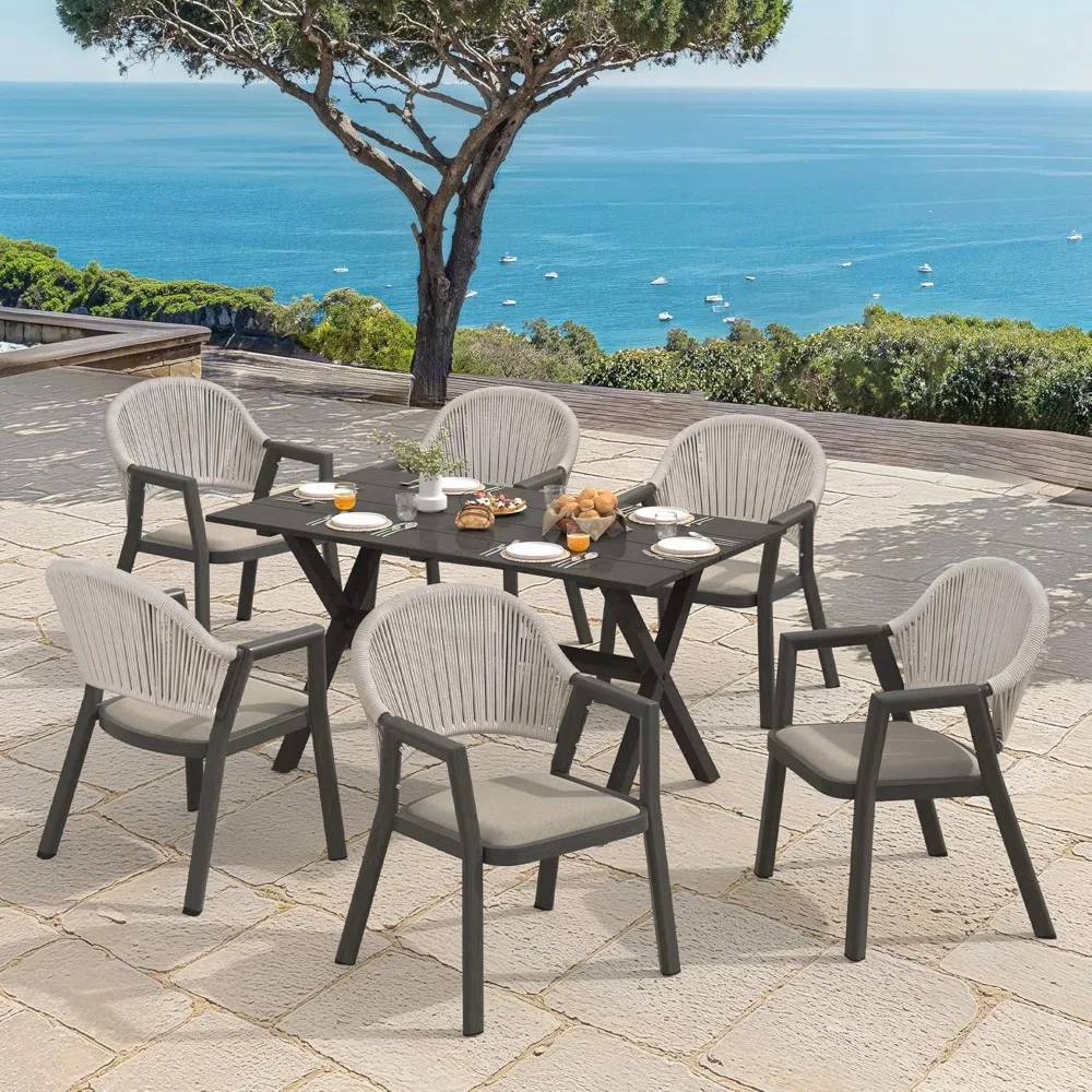 

Outdoor Dining Set 7-Piece, 59 Inch Patio Furniture Set with PE Wicker Chairs, All-Weather Resistant Aluminum Table for 7, Beige