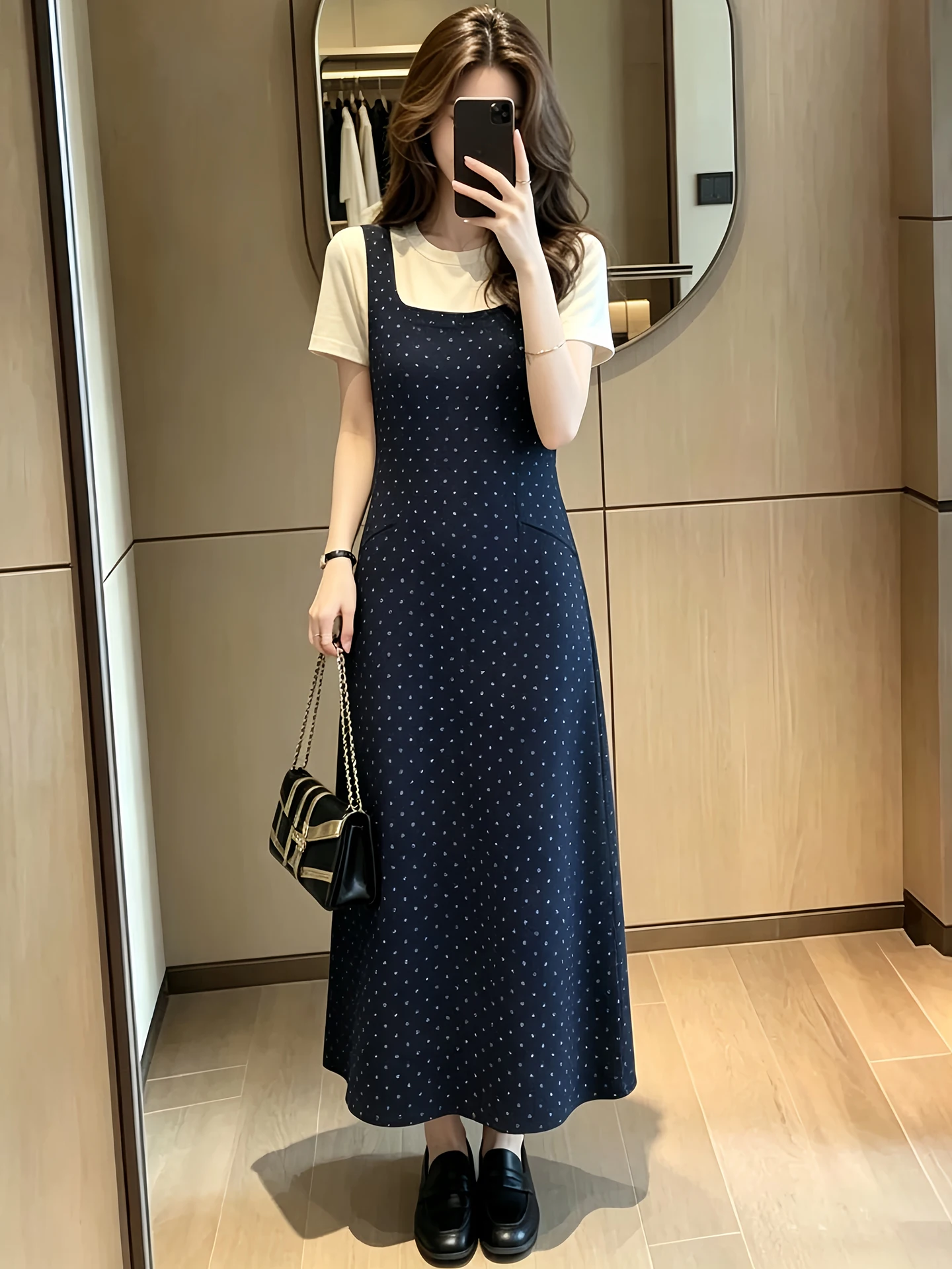 

Summer 2026 New Style Polka Dot Long Vest Skirt Set round Neck Short Sleeve Commute Fashion Women's High Waist Midi Skirt