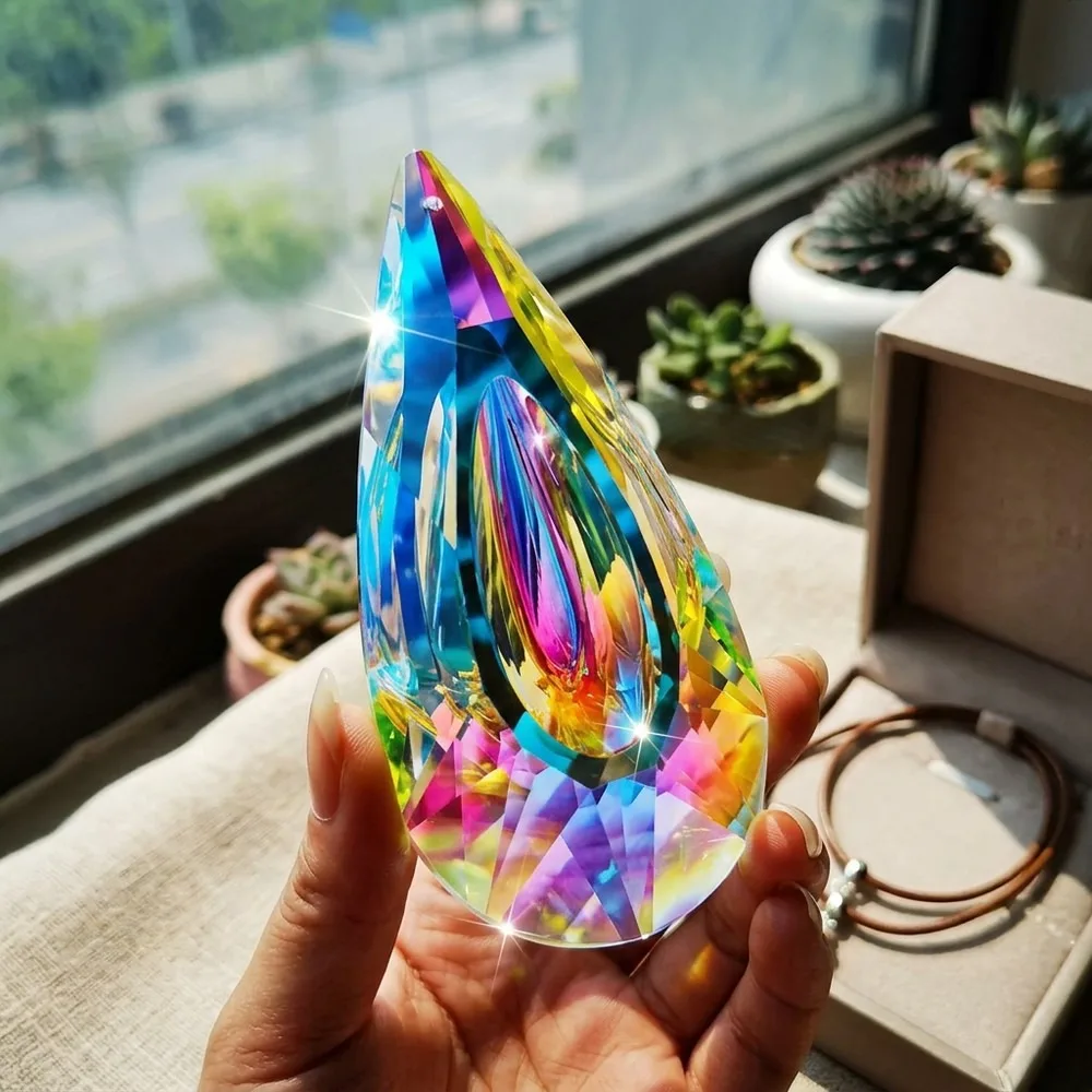 Iridescent Glass Prism Sun Catcher - Hanging Crystal Reflector for Window, Classic Home Decor Creating Rainbow Light