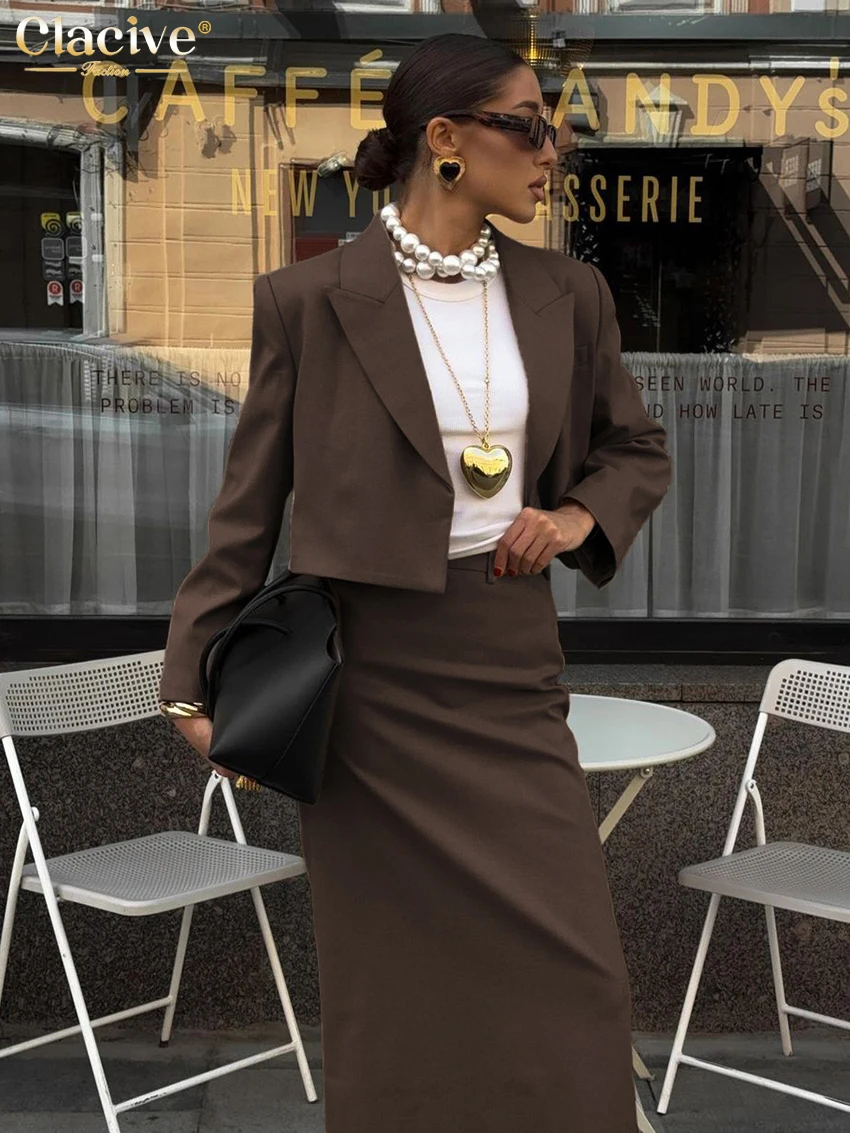 Clacive Fashion Loose Brown 2 Piece Sets Women Outfit 2025 Elegant Long Sleeve Crop Shirt With High Waist Midi Skirt Set Female