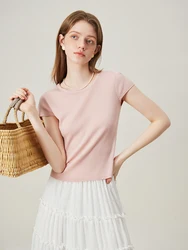 FSLE 【3 Colors】31.5% Wool Soft Thin Women Summer Short Sleeve T-Shirts Back Neckline Lace Up Design Female Grey Tees 24FS12416