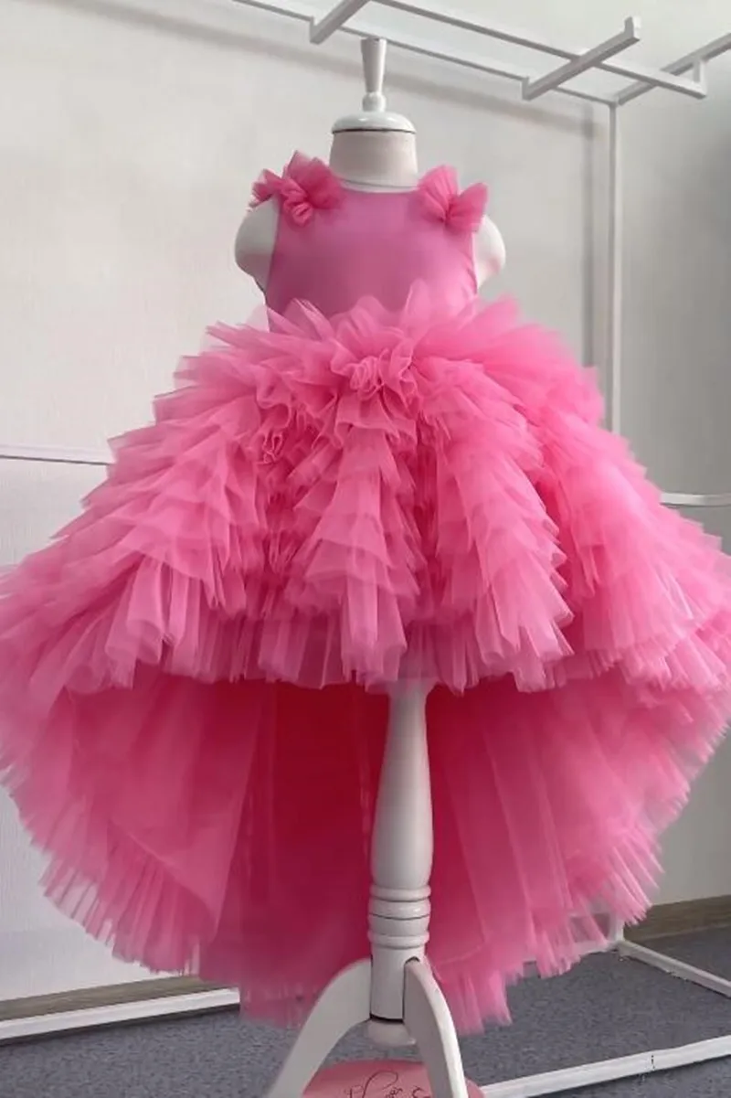 Rose Pink Tulle Puffy Flower Girl Dresses with Long Train Princess Girl Party Dress Kids Birthday Dresses