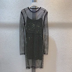 Brilliant See-through Hollow Shiny Celebrity Style Slim Fit Rhinestone Round Neck Long Sleeve Mid-length Dress for Women