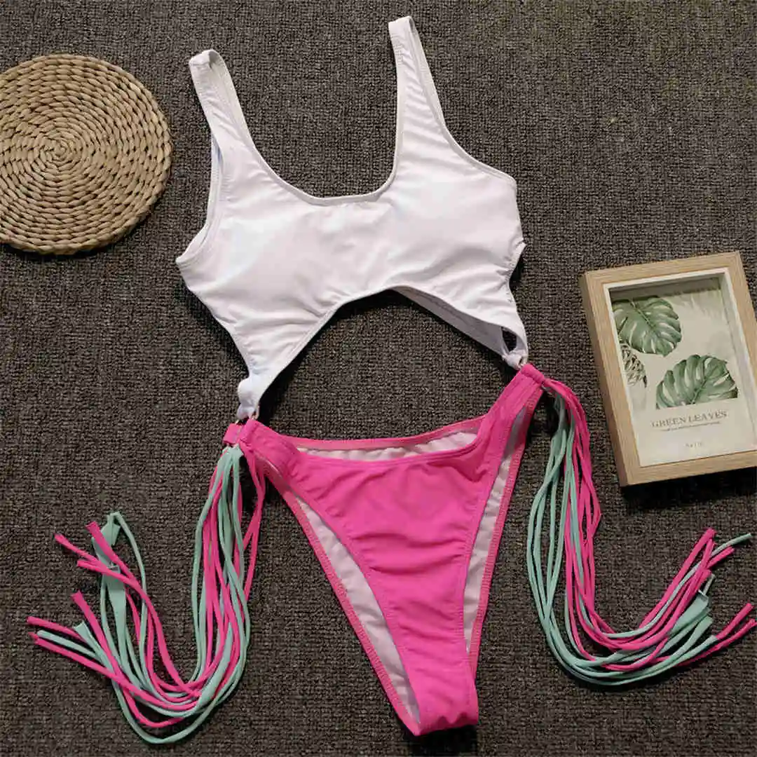 4 Farben, gespleißter Fransen-Badeanzug für Damen, einteiliger Badeanzug mit Ausschnitt im Bauchbereich, Damen-Badeanzug mit Fransen, hoch geschnittener Badeanzug, Badeanzug V1227 – Detail 24