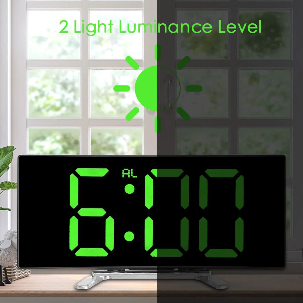 Für Kinderzimmer, 17,8 cm, gebogen, dimmbar, Spiegeluhr, LED-Bildschirm, Desktop-Uhr, digitaler Wecker, große Anzahl, Tischuhr
