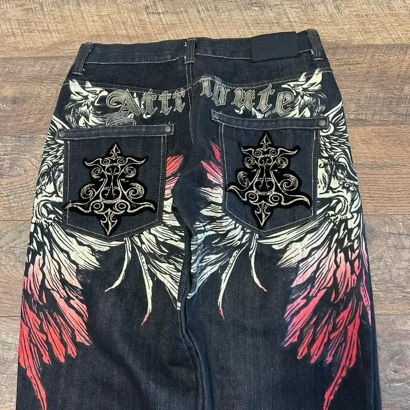 Gothic punk hip hop pocket wings pattern printed high waisted jeans women y2k Harajuku wide leg black baggy pants vintage 2000s