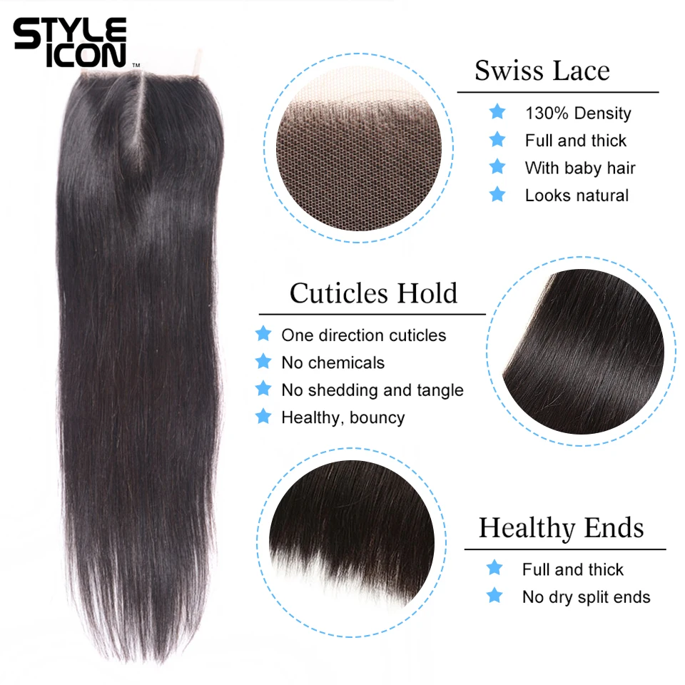 Styleicon Peruvian Straight Human Hair Bundles With Closure 3/4 Bundles Straight Hair Weave With Closure Long Hair Extensions