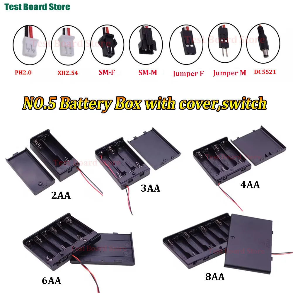 1pcs AA Battery Holder/Box In Series With Cover Switch And PH2.0/XH2.54/SM/Jumper Wire Male/Female/DC5521 Plug Connectors 3V~12V