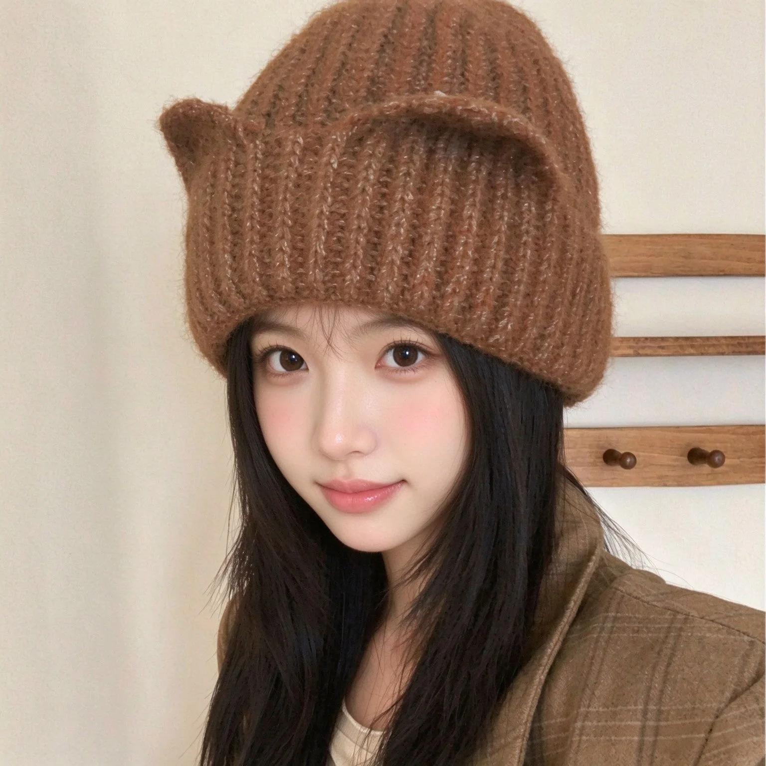 New Fox Ear Knit Beanie Women Fall Winter Smart Cute Style Warm Ear Flap Skull Cap Cozy Close Fit Cold Hat