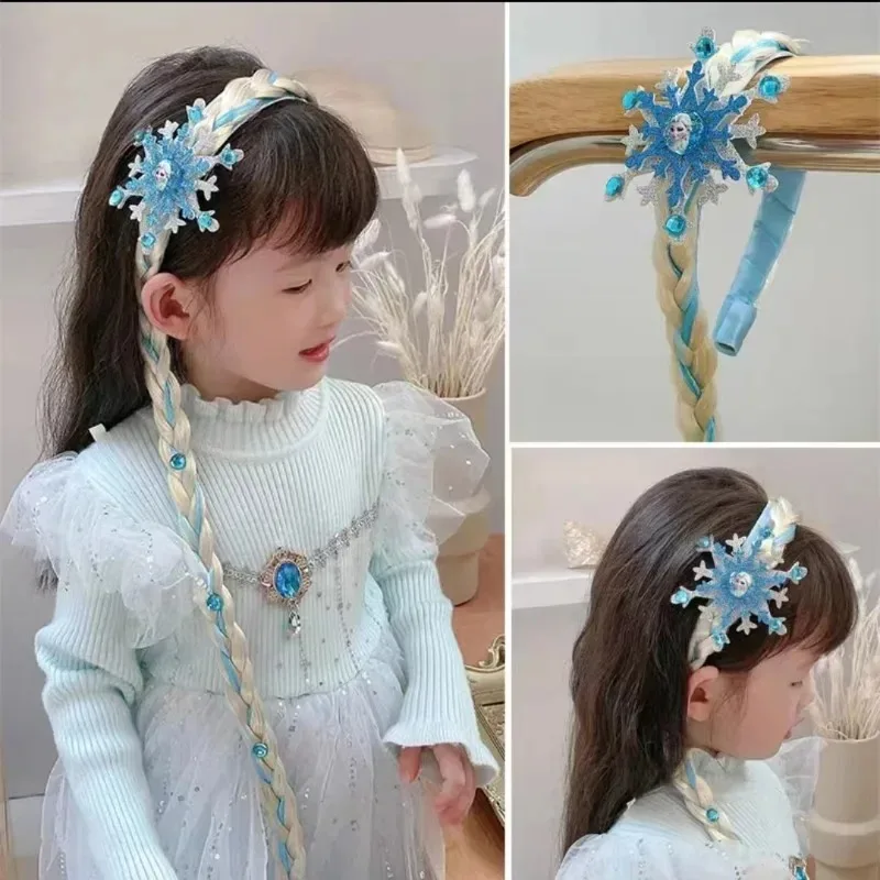 Disney Cartoons Hairband Wedding Veil with Wigs for Girls Elsa  Princess Crown Pigtail Headband Toys Cosplay Accessories Props