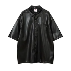 Street PU Leather Shirt Men Short Sleeved Shirt Men's Summer Loose and Versatile Lapel Shirt Half Sleeved Jacket for Men