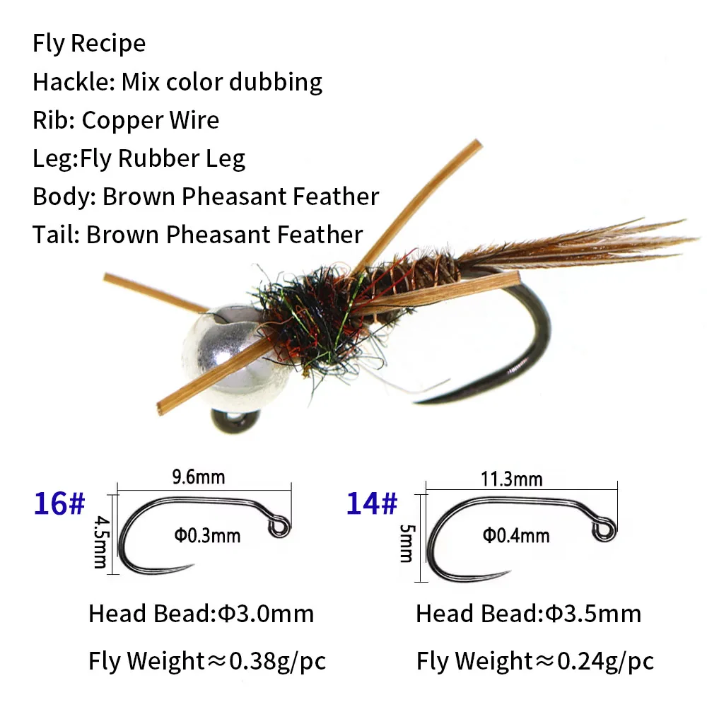 6PCS Barbless Jig Stonefly Nymph Fly # 14 # 16 Gummibeine, Fasanenschwanz, Bead Head Fast Sink Euro Nymph Forelle Barsch Angelköder – Detail 2