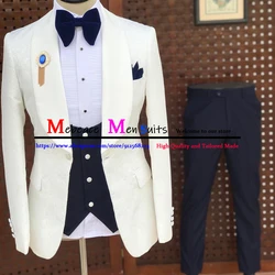 Ivory Jacquard Men's Suits for Wedding Customized Navy Blue Lapel 3 Piece Men Suits Slim Fit Groom Prom Dress Robe de Mariee