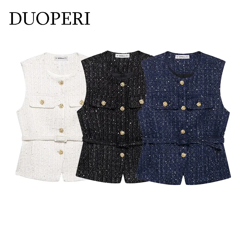 

DUOPERI Women Fashion With Belt Solid Single Breasted Sleeveless Jacket Vest Casual O-Neck Female Elegance Lady Waistcoats