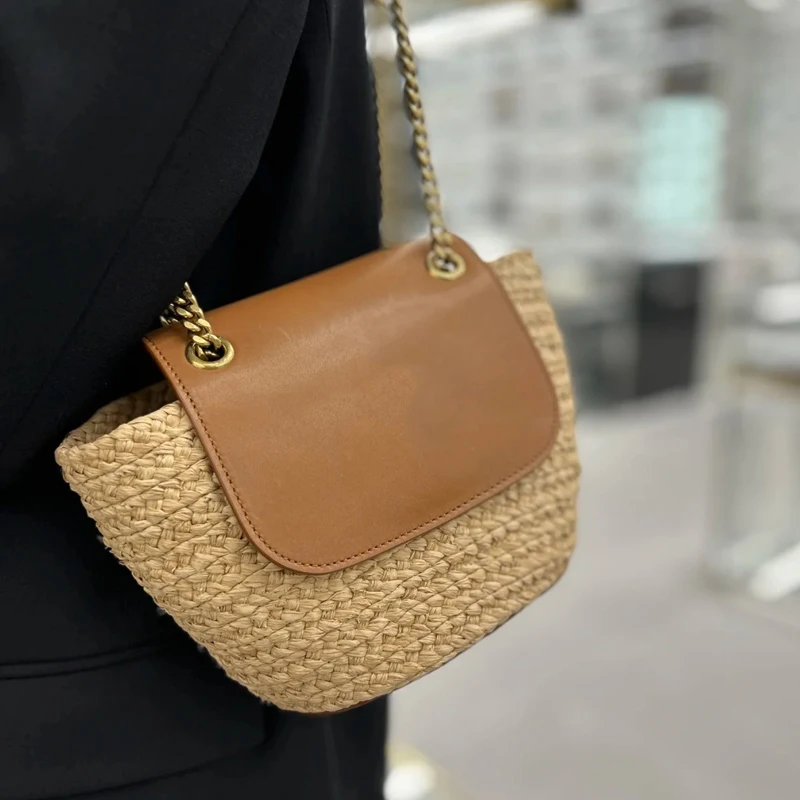 Straw Woven Bag Patchwork Genuine Leather Luxury Old Bucket Bag Ladies 2024 New Chain Design Holiday Mini Crossbody Shoulder Bag