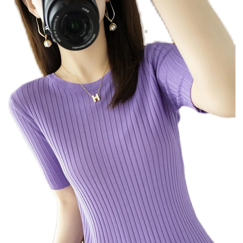 Primavera verão feminino camisola camisa de manga curta listrado undershirt macio coreano moda malha camiseta camisas de fundo coreano