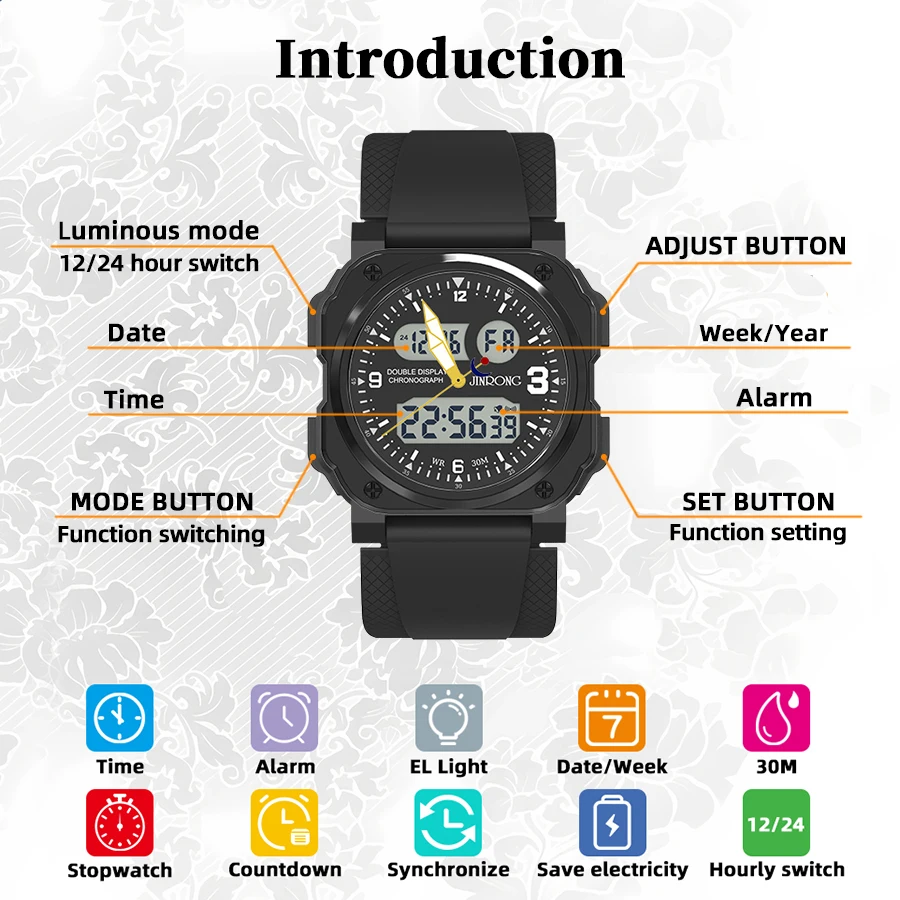 JINRONG ثلاثة مؤشرات متزامنة ساعة رقمية رياضية للرجال مقاوم للماء العد التنازلي الإلكتروني ساعات المعصم للرجال